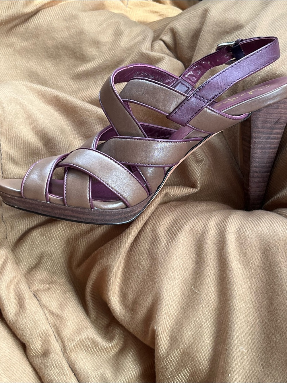 Cole Haan Whitney Strappy Leather Wooden Heel Sandals Multi Purple Brown [10]